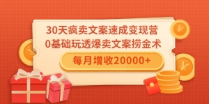 30天疯卖文案速成变现营，0基础玩透爆卖文案捞金术！每月增收20000+